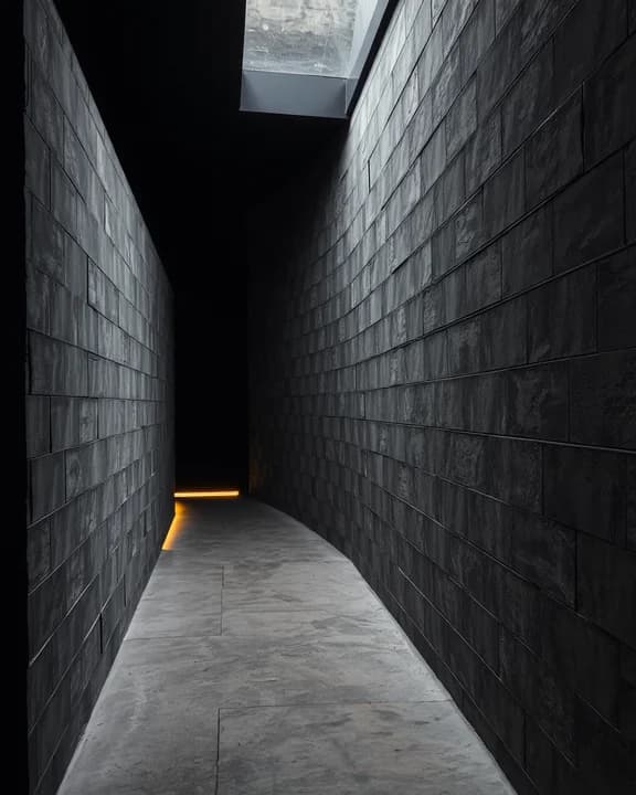 El pasillo de hormigón de ARENA, con la luz ámbar corriendo baja por la pared