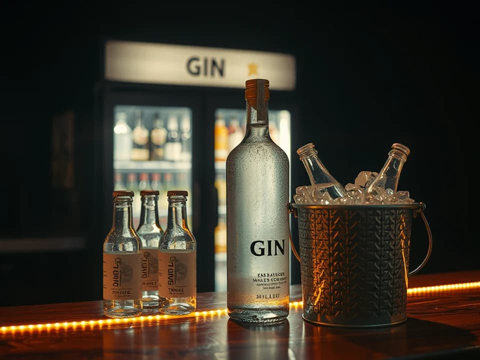 Botella de gin servida para la mesa, con tónicas y hielo
